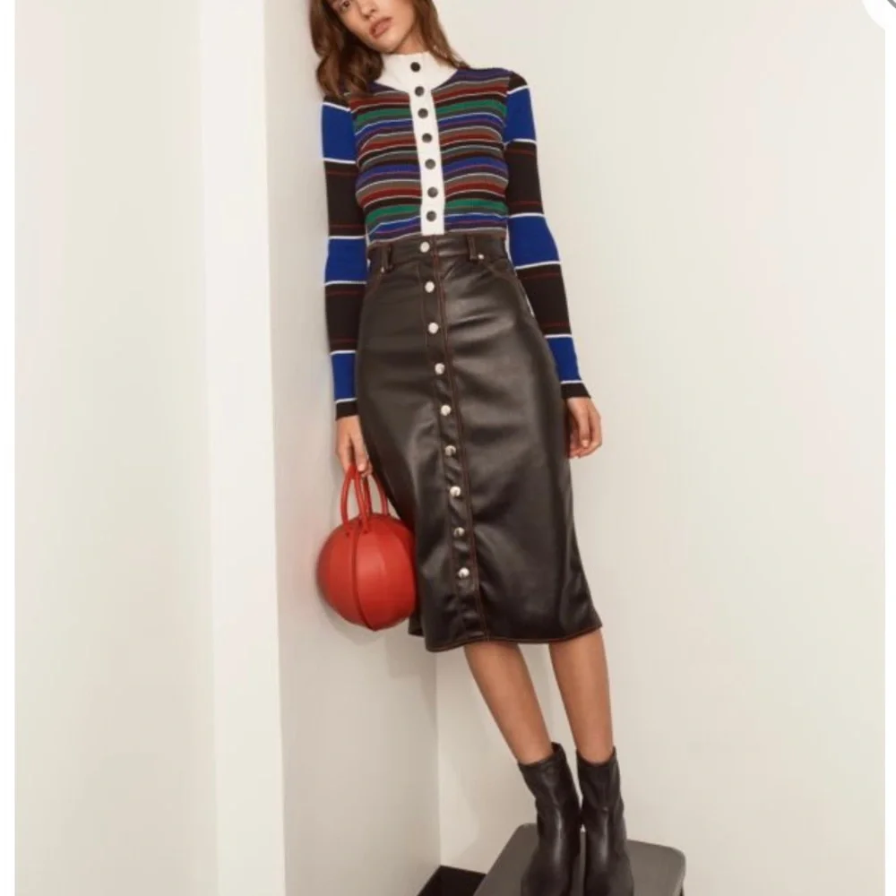 Proenza Schouler NEW Leather Midi Skirt. Black brown top stitching. Sz 2